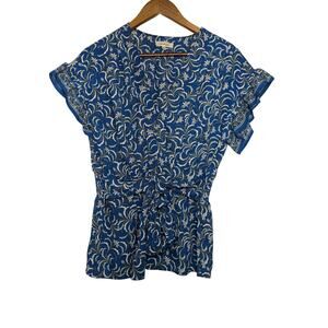 Women's Max Studio Blue Floral Ruffled V-Neck Peplum Blouse Flutter Sleeves Sz L